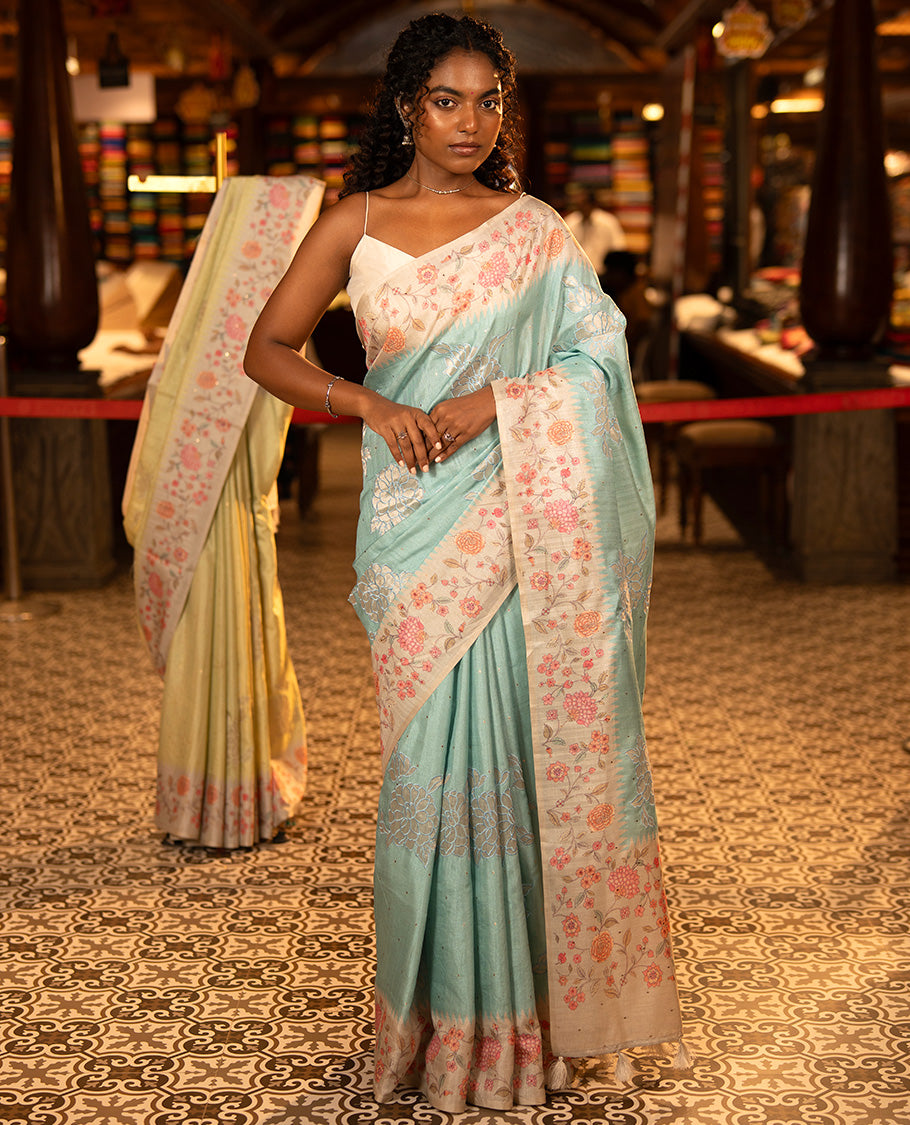Blue Fancy Tussar Silk Saree, Gleamed Up with Zari Buttas, and Applique Embroidery on Its Body, Complemented by a Contrast Temple Floral Creeper Printed Border, Pallu of Floral Creeper Print, and Paired with a Contrast Blouse