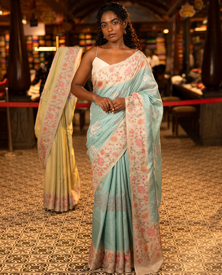 Blue Fancy Tussar Silk Saree, Gleamed Up with Zari Buttas, and Applique Embroidery on Its Body, Complemented by a Contrast Temple Floral Creeper Printed Border, Pallu of Floral Creeper Print, and Paired with a Contrast Blouse