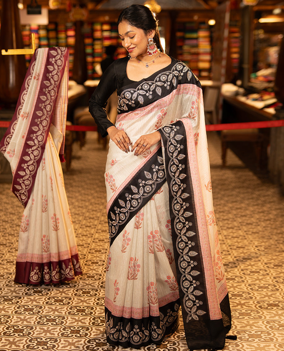 Black Green-Silk Saree, Adorned with Floral Motifs, Block Print on Its Body, Complemented by a Contrast Thread Embroidered Border, Pallu of Floral Block Print, and Paired with a Contrast Blouse