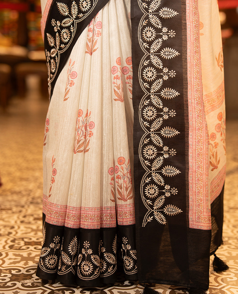 Black Green-Silk Saree, Adorned with Floral Motifs, Block Print on Its Body, Complemented by a Contrast Thread Embroidered Border, Pallu of Floral Block Print, and Paired with a Contrast Blouse