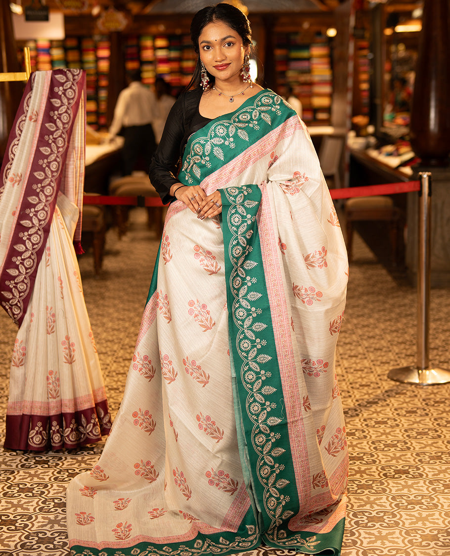 Maragatha Green Green-Silk Saree, Mesmerized with Floral Motifs, Block Print on Its Body, Complemented by a Contrast Thread Embroidered Border, Pallu of Floral Block Print, and Paired with a Contrast Blouse