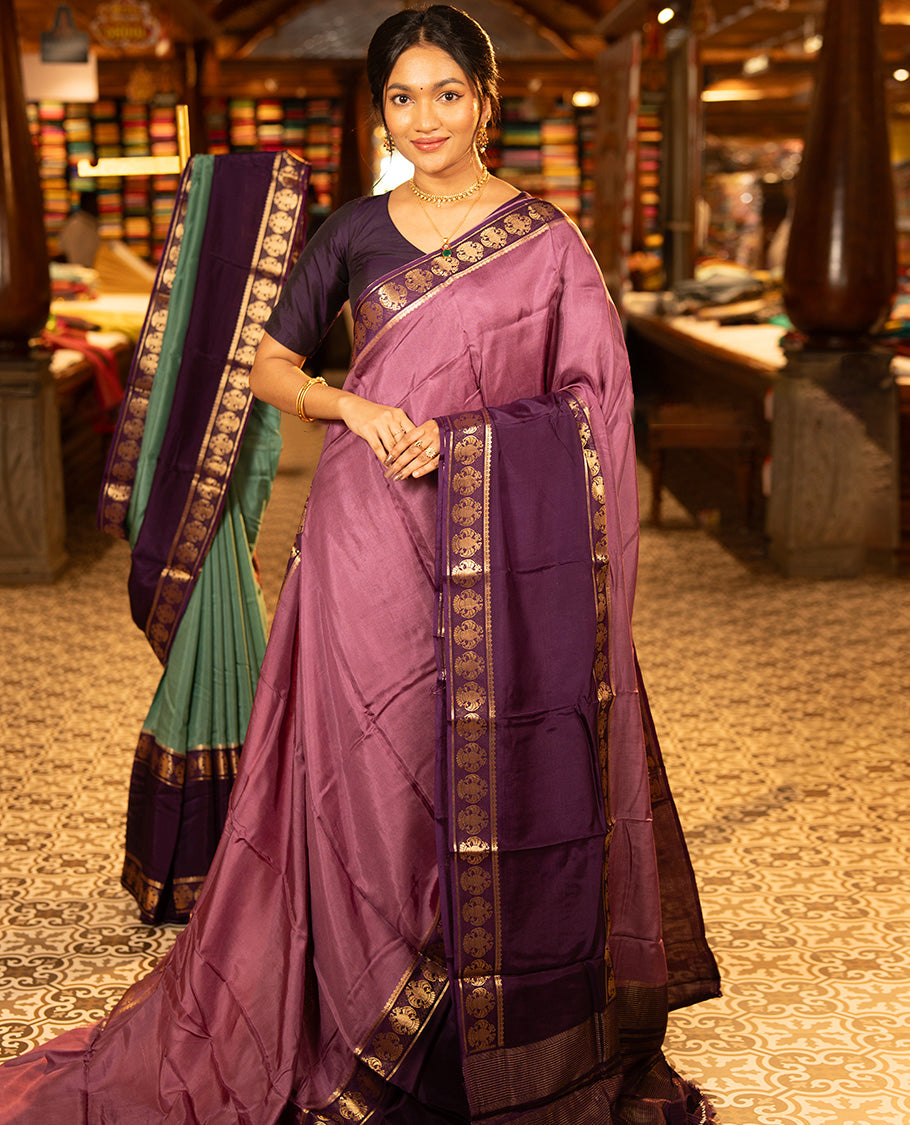 Onion Pink Plain Dola Silk Saree, Complemented by Contrast Rettai Pettu Ganda Berunda Motifs, Zari Border, Gleaming Zari Striped Pallu, and Paired with a Contrast Blouse