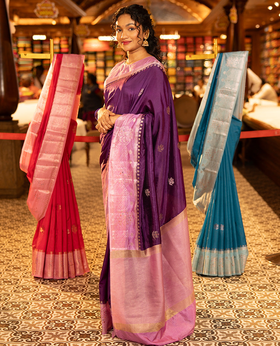 Purple Green-Mango-Silk Saree, Accentulated with Zari Buttas All Over Its Body, Complemented by a Contrast Meenakari Zari Border of Floral Designs, Gleaming Zari Pallu, and Paired with a Contrast Blouse