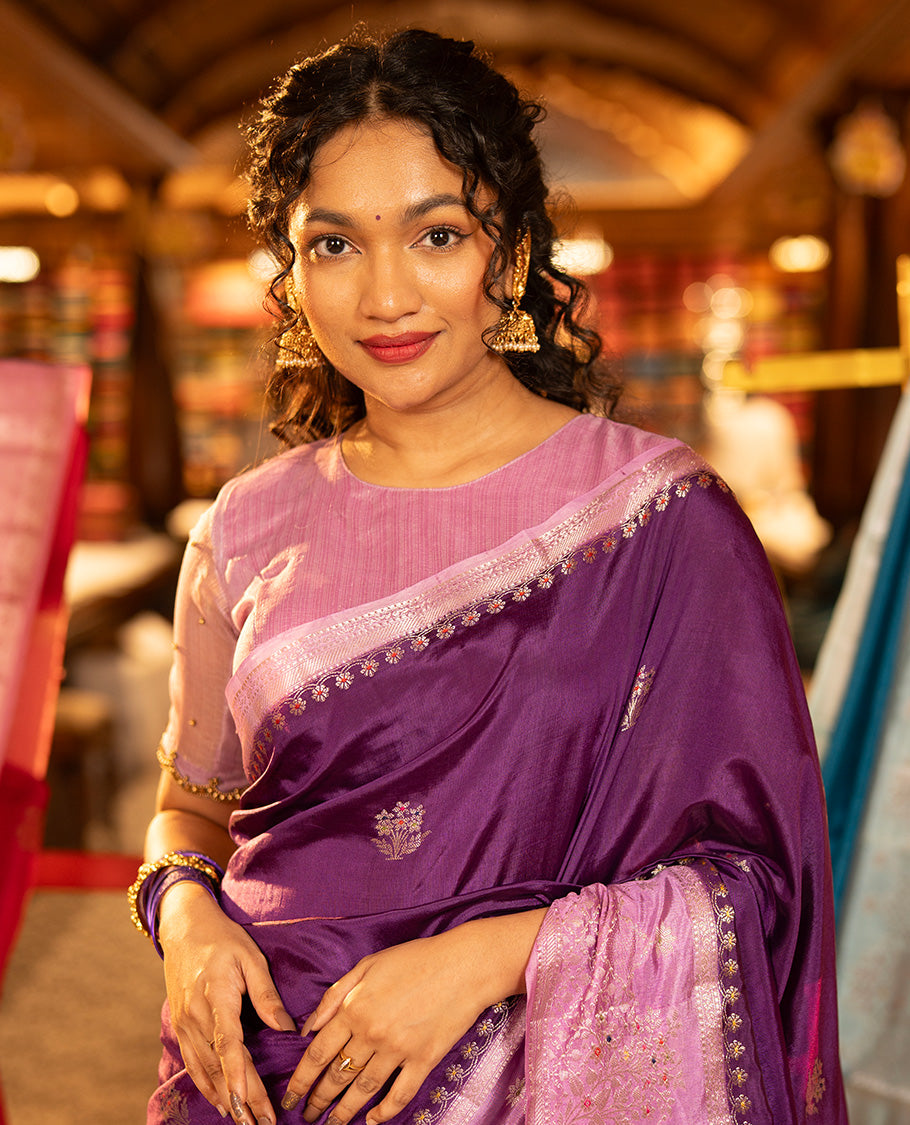 Purple Green-Mango-Silk Saree, Accentulated with Zari Buttas All Over Its Body, Complemented by a Contrast Meenakari Zari Border of Floral Designs, Gleaming Zari Pallu, and Paired with a Contrast Blouse