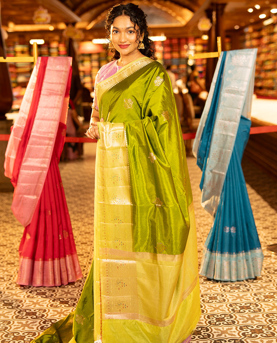 Parrot Green Green-Mango-Silk Saree, Decked up with Floral Zari Buttas All Over Its Body, Complemented by a Contrast Meenakari Zari Floral Design Border, Grand Pallu, and Paired with a Contrast Blouse