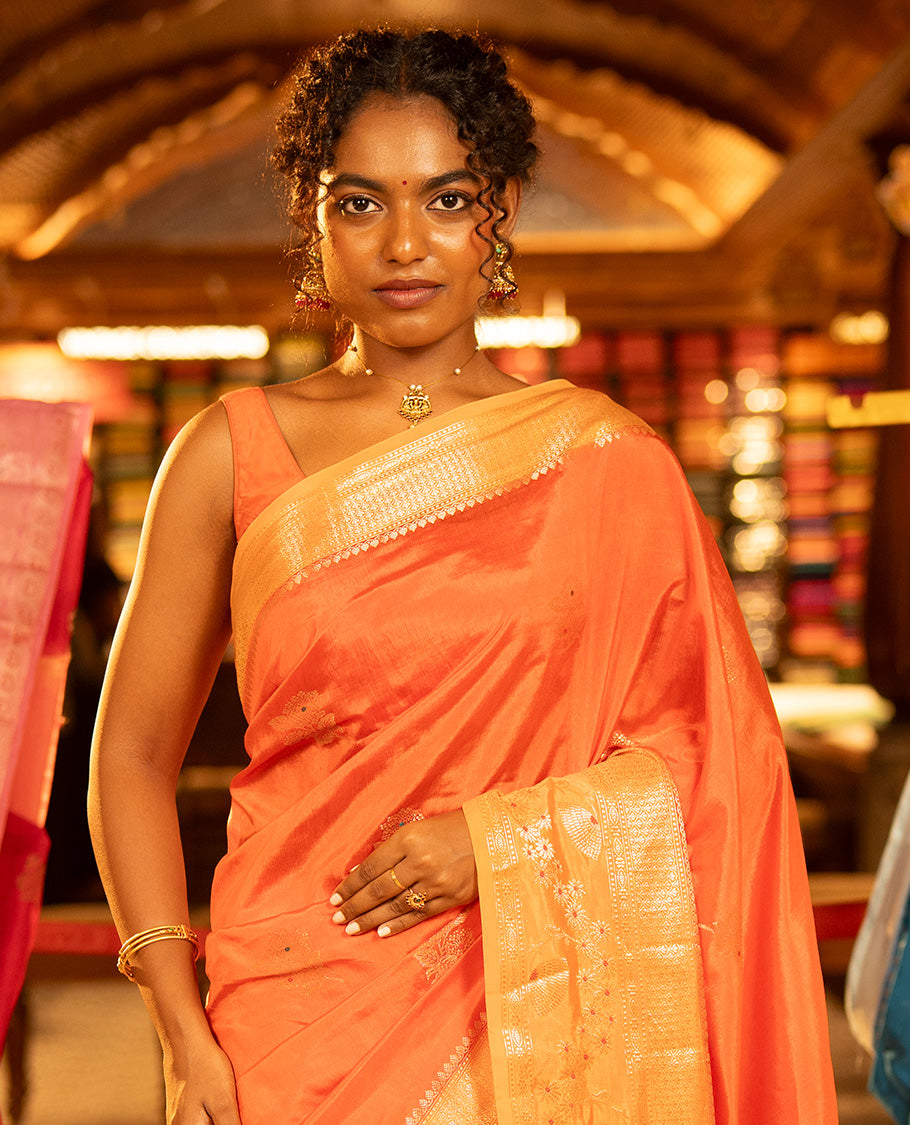 Orange Green-Mango-Silk Saree, Enriched with Floral Zari Buttas All Over Its Body, Complemented by a Contrast Meenakari Zari Traditional Border of Floral Designs, Grand Pallu, and Paired with a Contrast Blouse