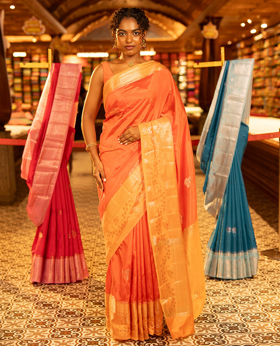 Orange Green-Mango-Silk Saree, Enriched with Floral Zari Buttas All Over Its Body, Complemented by a Contrast Meenakari Zari Traditional Border of Floral Designs, Grand Pallu, and Paired with a Contrast Blouse