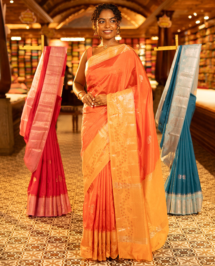 Orange Green-Mango-Silk Saree, Enriched with Floral Zari Buttas All Over Its Body, Complemented by a Contrast Meenakari Zari Traditional Border of Floral Designs, Grand Pallu, and Paired with a Contrast Blouse