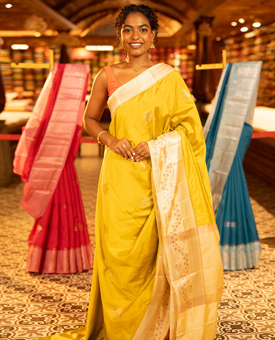 Mustard Green-Mango-Silk Saree, Embellished with Floral Zari Buttas All Over Its Body, Complemented by a Contrast Meenakari Zari Traditional Border of Floral Designs, Grand Pallu, and Paired with a Contrast Blouse