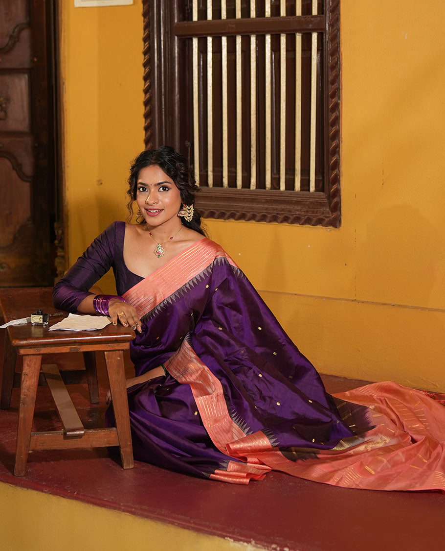 Vadamalli and Peach Pink Vasundhara Silk Saree, Enriched with Kamalam Zari Buttas All Over Its Body, Complemented by a Contrast Thazampoo Rekku Border of Banaras Designs, Gleaming Zari Striped Pallu, and Paired with a Contrast Blouse