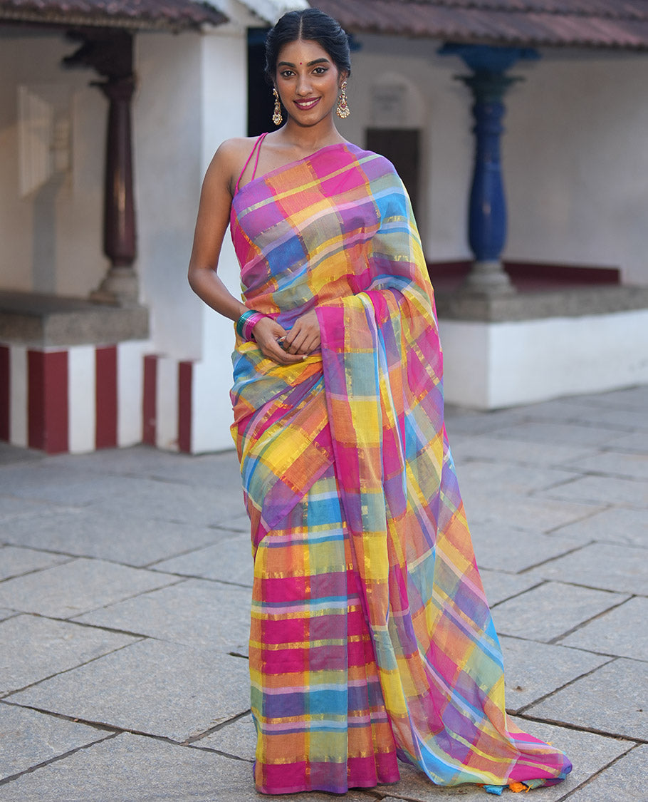 Borderless Pink Khadi Mul Cotton Saree, Enthralled with Checked Block and Zari Checks on Its Body, a Self-Pallu with Tassels, and Has No Blouse