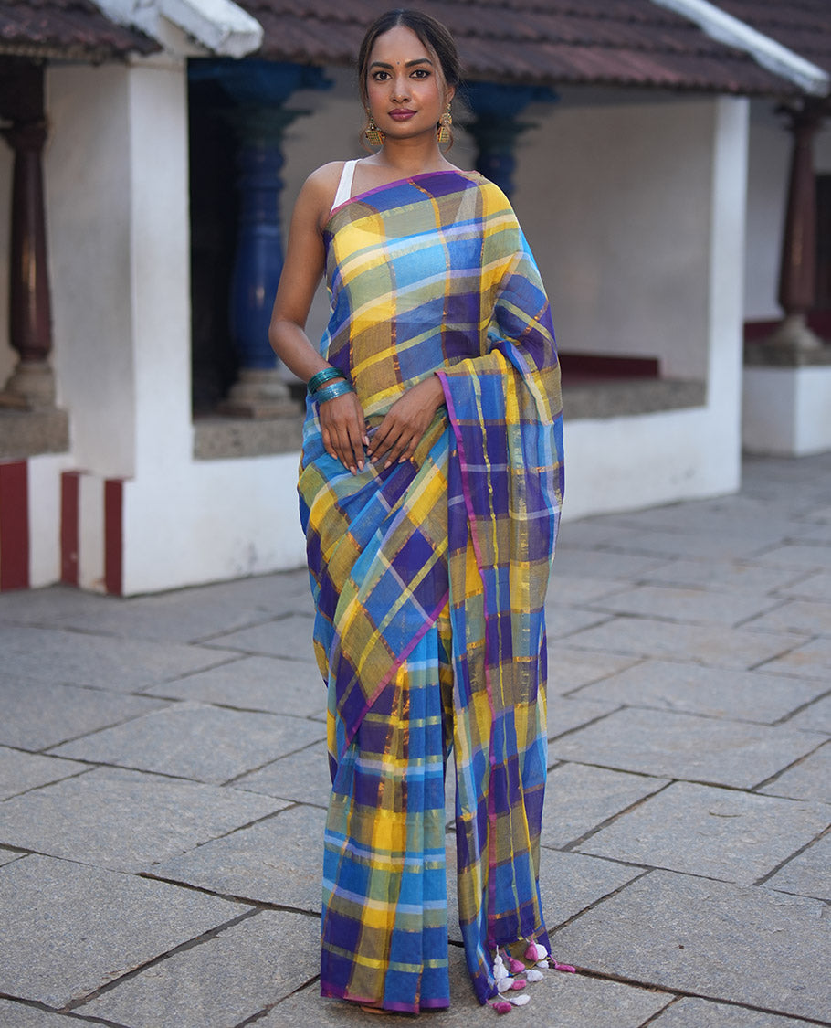 Borderless Blue Khadi Mul Cotton Saree, Showcasing Checked Block and Zari Checks, a Self-Pallu, and No Blouse
