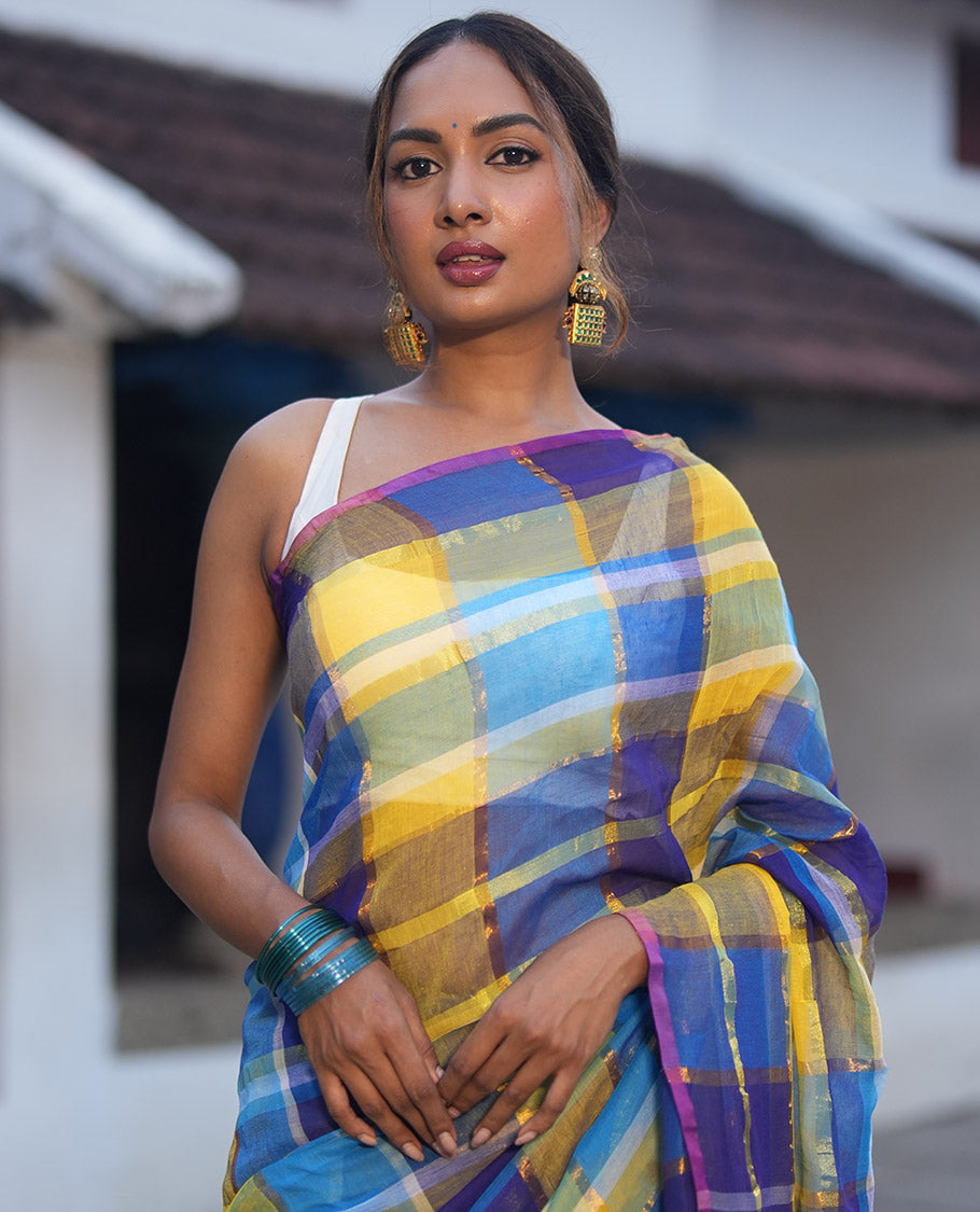 Borderless Blue Khadi Mul Cotton Saree, Showcasing Checked Block and Zari Checks, a Self-Pallu, and No Blouse