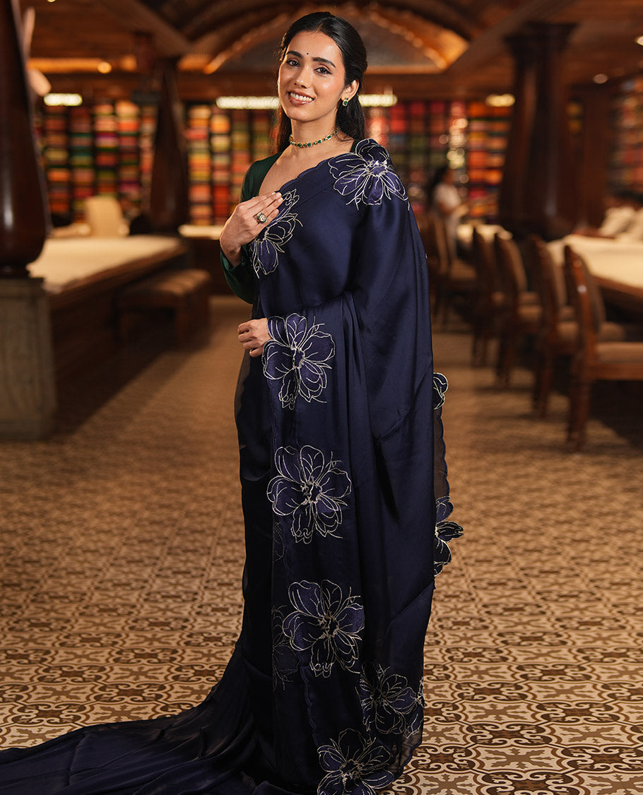 Navy Satin Organza Saree, Steeped in the Prettiness of Floral Embroidery, Floral Embroidered Scallop Border, and a Matching Blouse