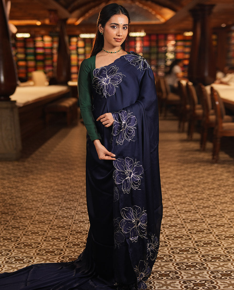 Navy Satin Organza Saree, Steeped in the Prettiness of Floral Embroidery, Floral Embroidered Scallop Border, and a Matching Blouse