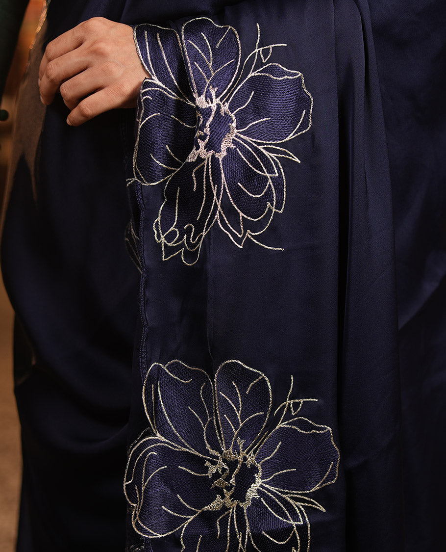 Navy Satin Organza Saree, Steeped in the Prettiness of Floral Embroidery, Floral Embroidered Scallop Border, and a Matching Blouse