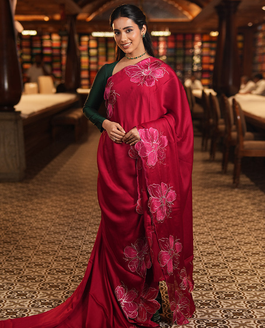 Red Satin Organza Saree, Steeped in the Prettiness of Floral Embroidery, Floral Embroidered Scallop Border, and a Matching Blouse