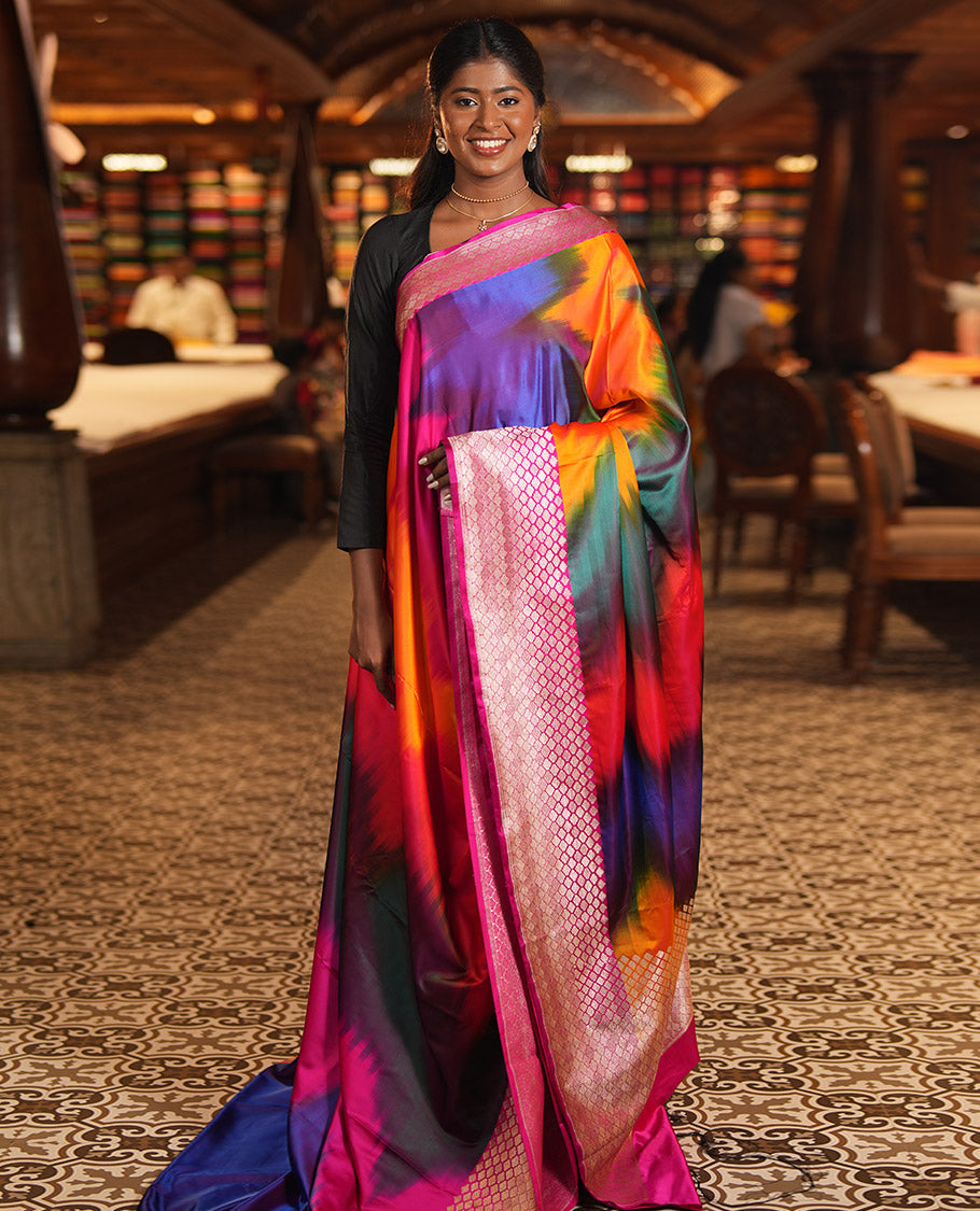 Pink-Multi-Color Mushru Silk Saree with Pochampally Weave, a Contrast Ogee Border, Grand Ogee-Patterned Pallu, and Contrast Blouse