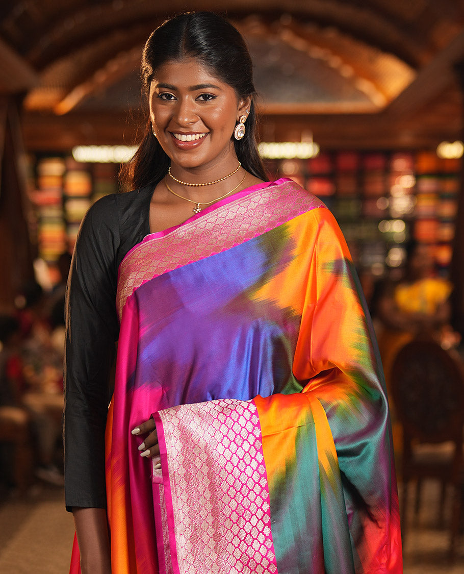 Pink-Multi-Color Mushru Silk Saree with Pochampally Weave, a Contrast Ogee Border, Grand Ogee-Patterned Pallu, and Contrast Blouse