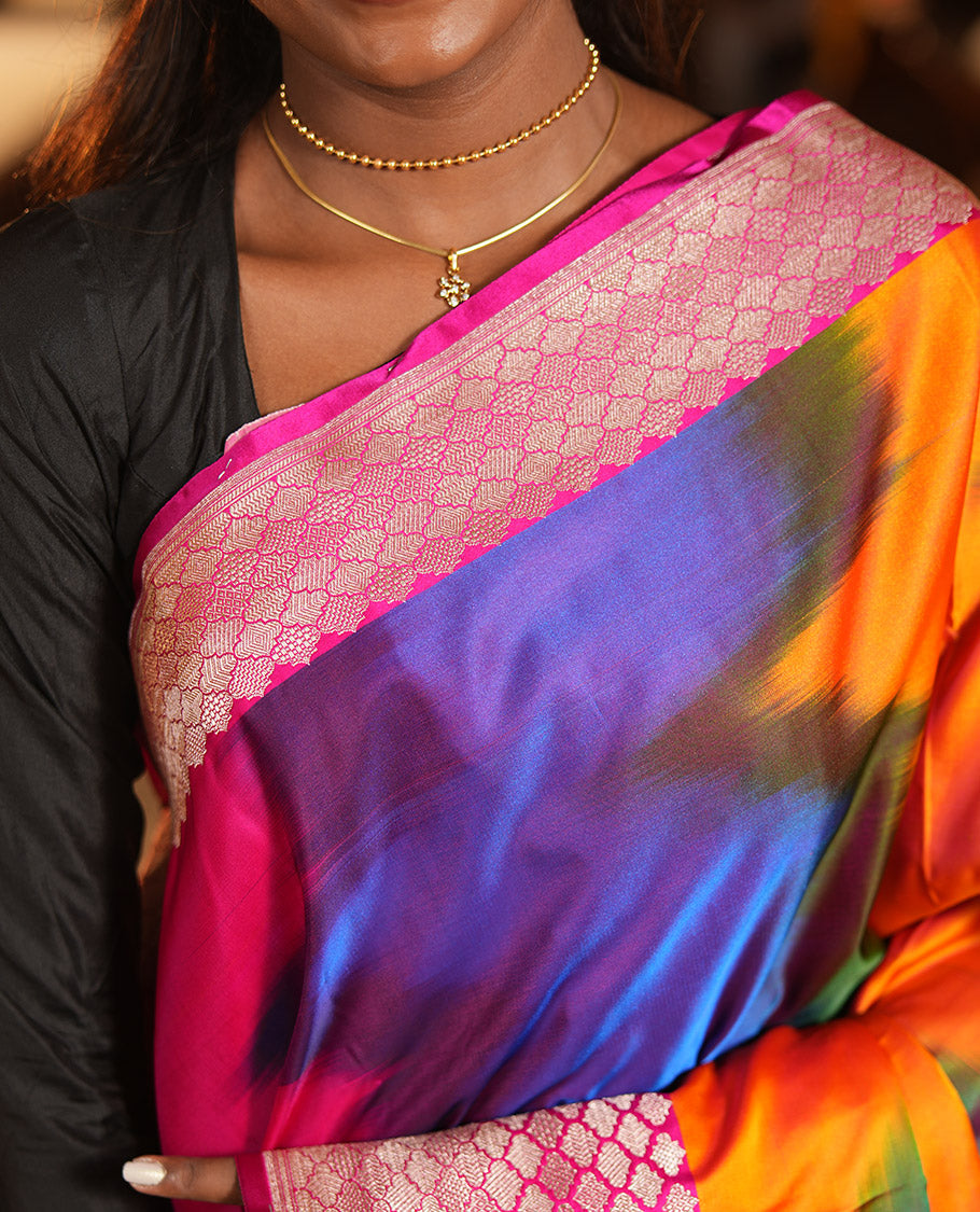 Pink-Multi-Color Mushru Silk Saree with Pochampally Weave, a Contrast Ogee Border, Grand Ogee-Patterned Pallu, and Contrast Blouse