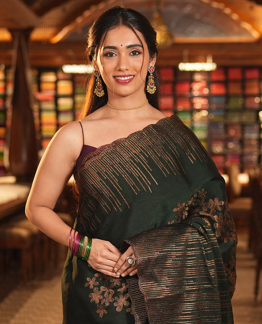 Bottle Green Iconic Blooming Saree Depicts Floral Copper-Thread Embroidery Border, and Matching Blouse