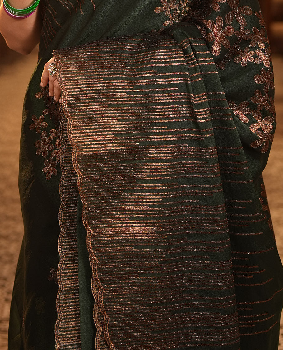 Bottle Green Iconic Blooming Saree Depicts Floral Copper-Thread Embroidery Border, and Matching Blouse