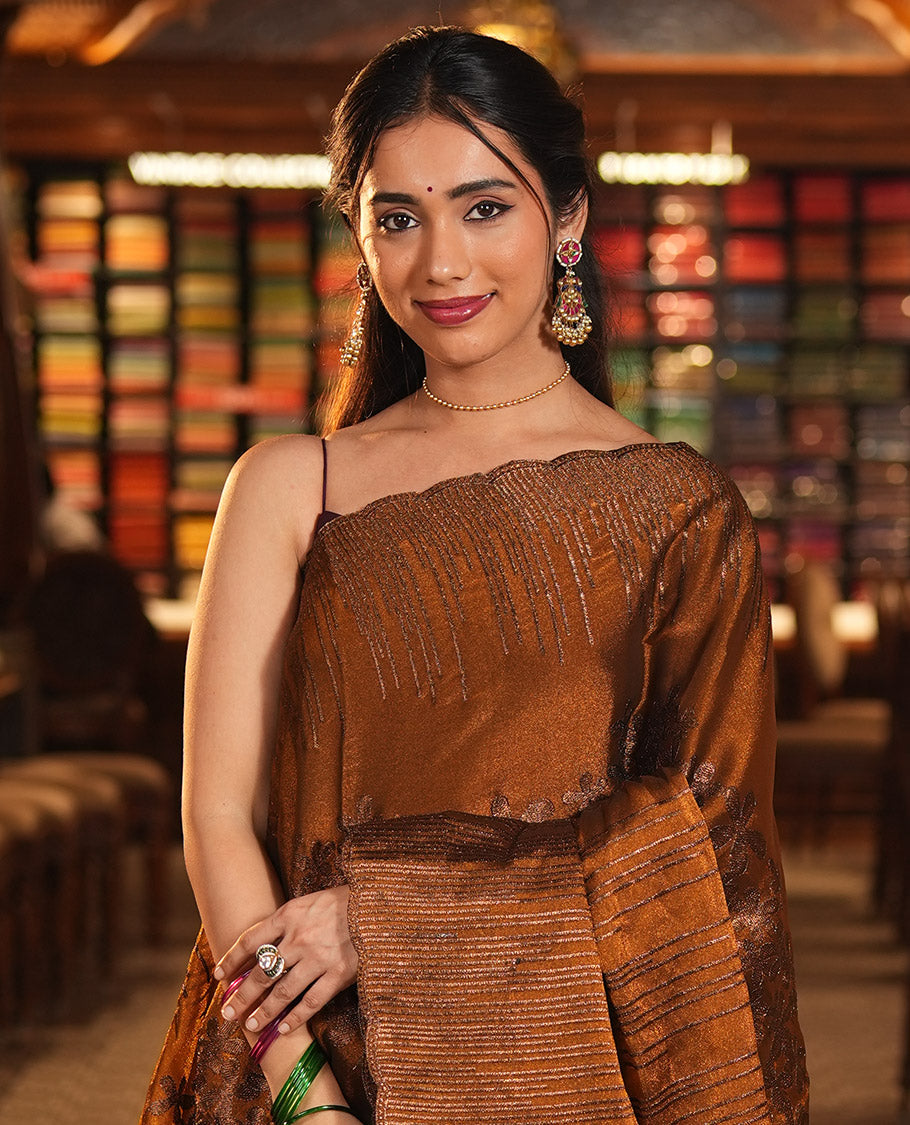 Mustard Iconic Blooming Saree Features Floral Copper-Thread Embroidery Border, and Matching Blouse