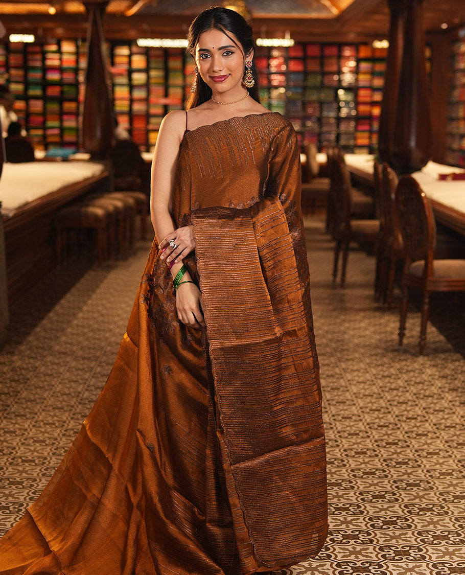 Mustard Iconic Blooming Saree Features Floral Copper-Thread Embroidery Border, and Matching Blouse