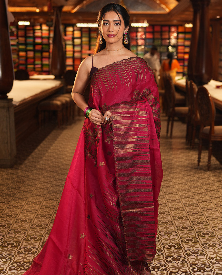 Pink Iconic Blooming Saree, with Floral Copper Thread Embroidery Border, and Matching Blouse