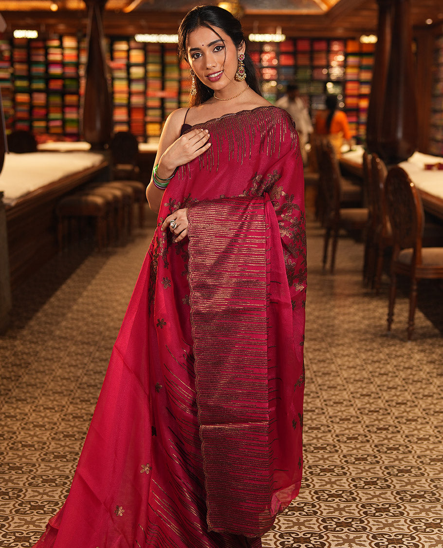 Pink Iconic Blooming Saree, with Floral Copper Thread Embroidery Border, and Matching Blouse