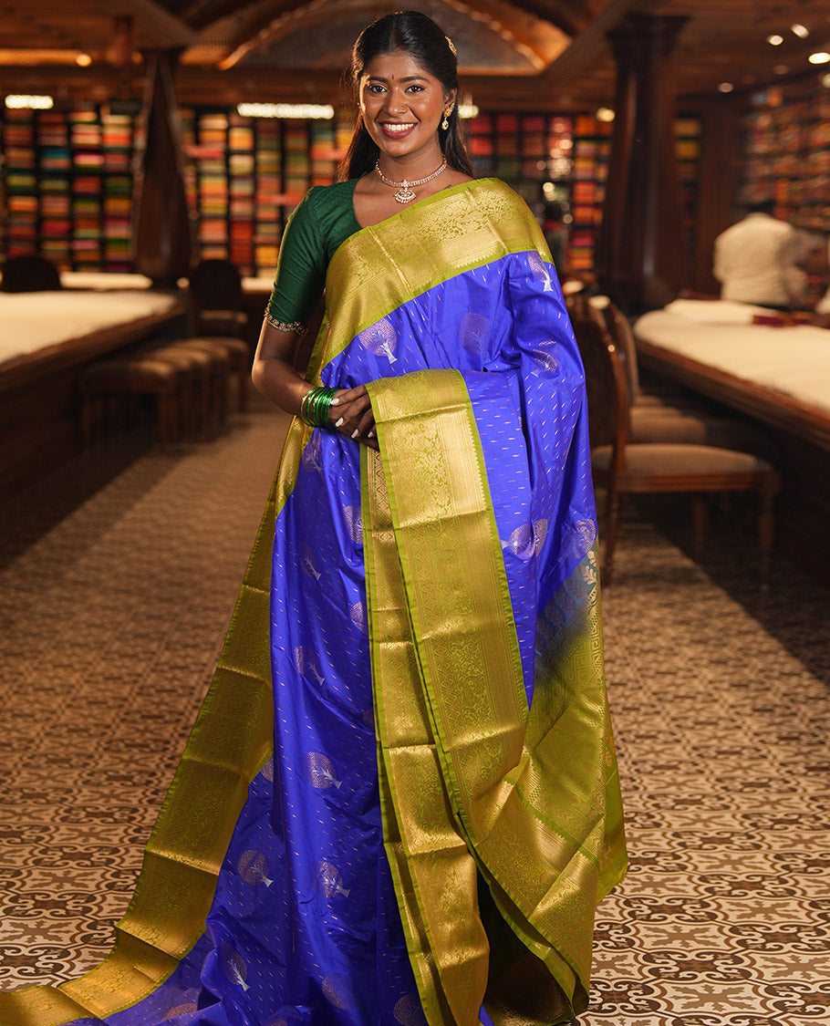 M.s Blue-Green Budget Silk Saree, Boldly Accentuated with Zari Buttas, Complemented by a Contrast Traditional Zari Border, Grand Pallu, and a Contrast Blouse