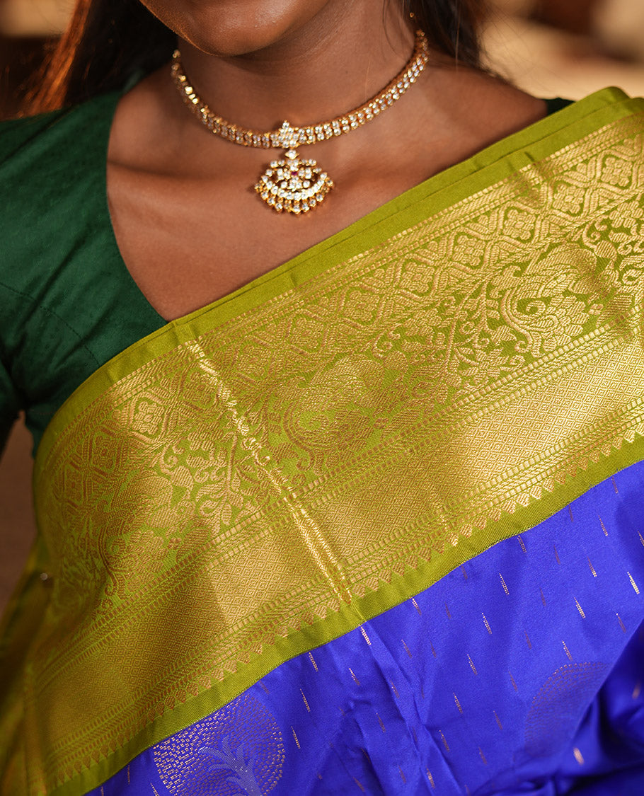 M.s Blue-Green Budget Silk Saree, Boldly Accentuated with Zari Buttas, Complemented by a Contrast Traditional Zari Border, Grand Pallu, and a Contrast Blouse