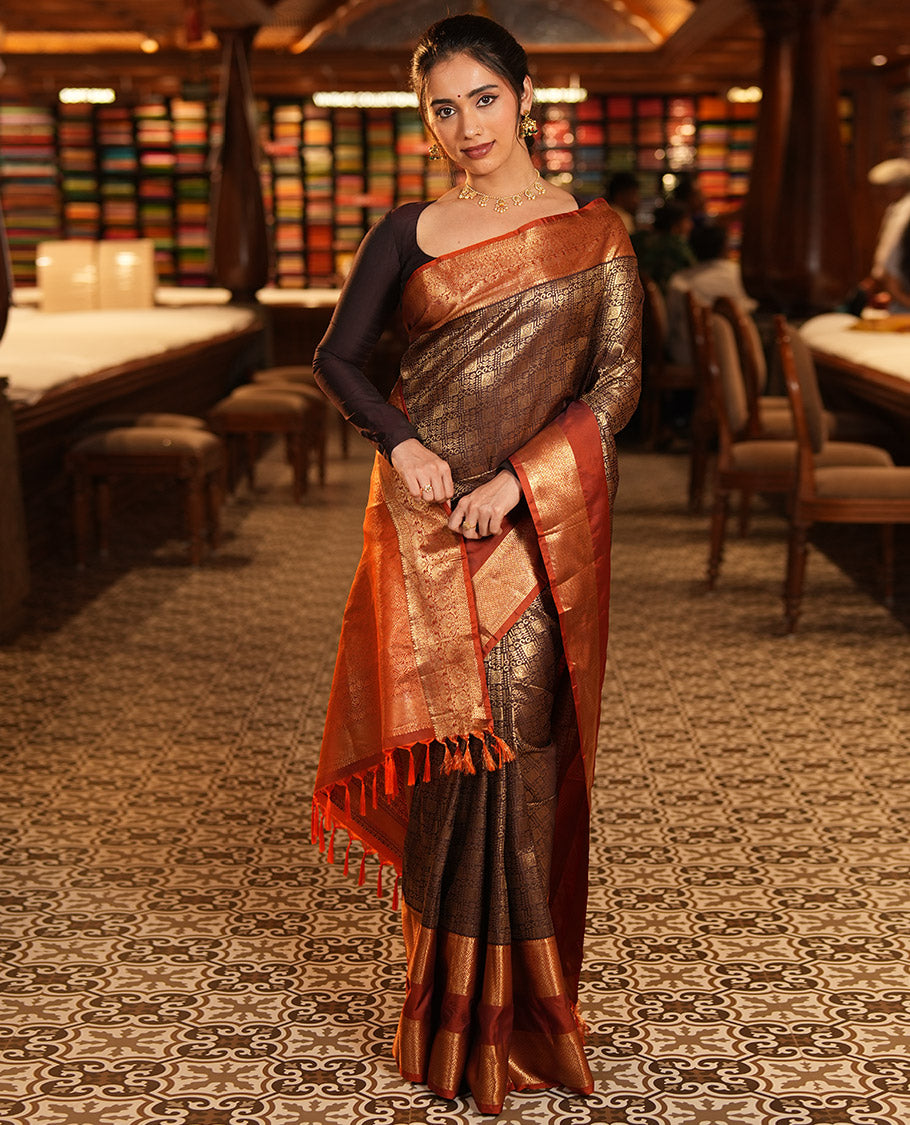 Coffee Brown-Rust Orange Budget Silk Saree Features Jacquard, Contrast Rettai Pettu Border, Grand Pallu, and a Contrast Blouse