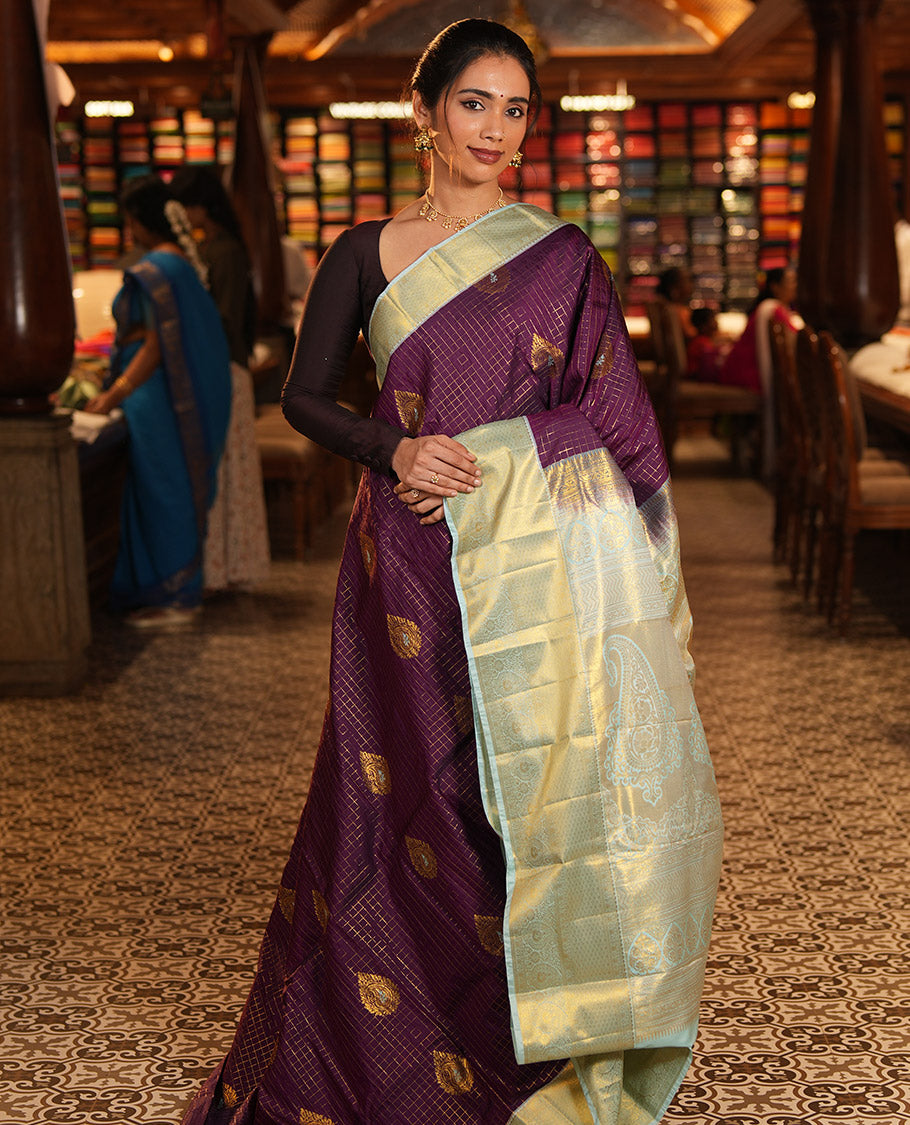 Purple Budget Silk Saree, Mesmerized with Zari Butta and Checks, Contrast Paisley Zari Border, Grand Pallu, and a Contrast Blouse