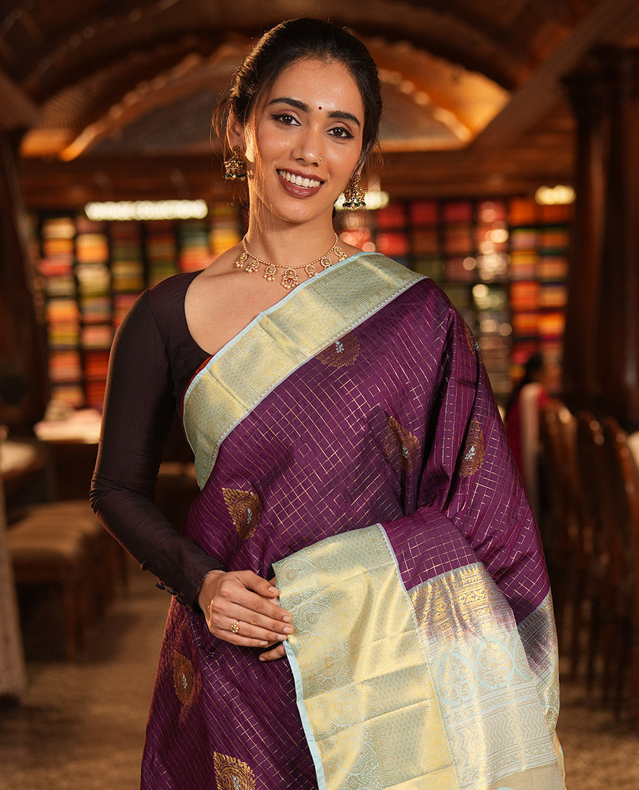 Purple Budget Silk Saree, Mesmerized with Zari Butta and Checks, Contrast Paisley Zari Border, Grand Pallu, and a Contrast Blouse
