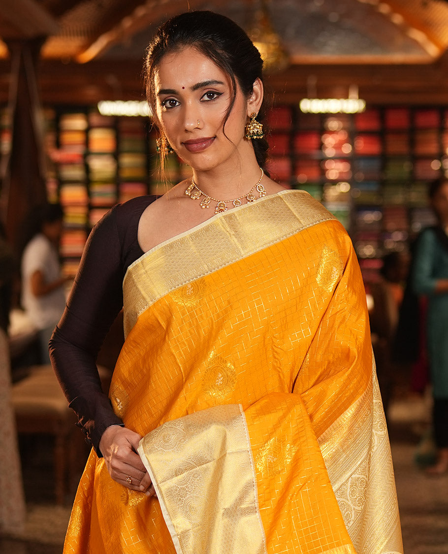 Mustard Budget Silk Saree, Mesmerized with Zari Butta and Checks, Contrast Paisley Zari Border, Grand Pallu, and a Contrast Blouse