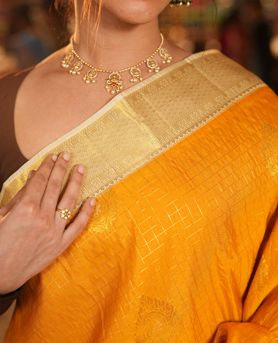 Mustard Budget Silk Saree, Mesmerized with Zari Butta and Checks, Contrast Paisley Zari Border, Grand Pallu, and a Contrast Blouse