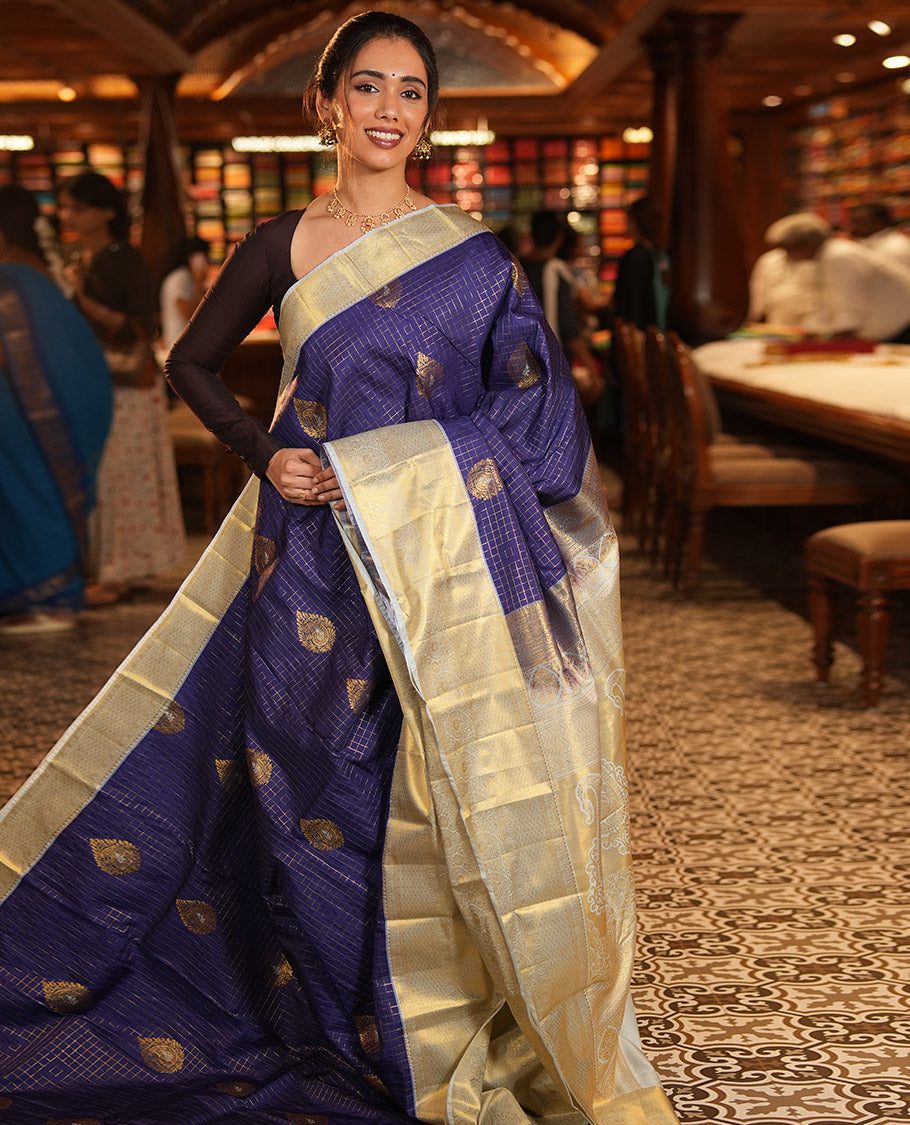 Blue Budget Silk Saree, Mesmerized with Zari Butta and Checks, Contrast Paisley Zari Border, Grand Pallu, and a Contrast Blouse