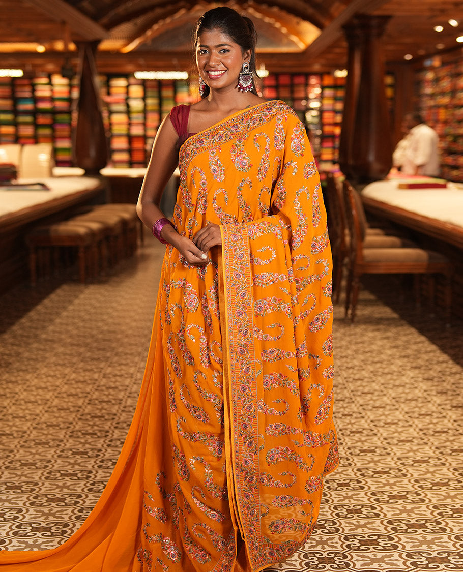 Mustard Georgette Designer Saree Features Color-Thread Paisley Embroidery, a Matching Blouse