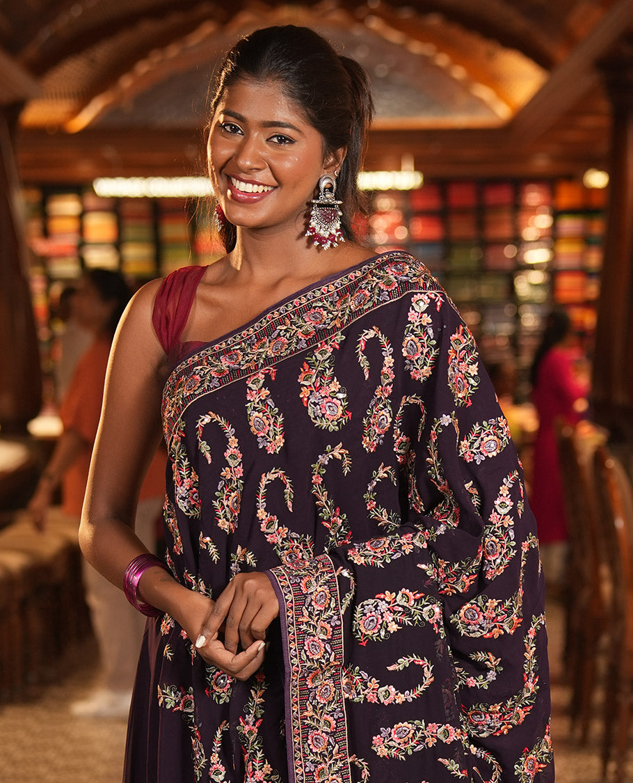 Purple Georgette Designer Saree Features Color-Thread Paisley Embroidery, Matching Blouse
