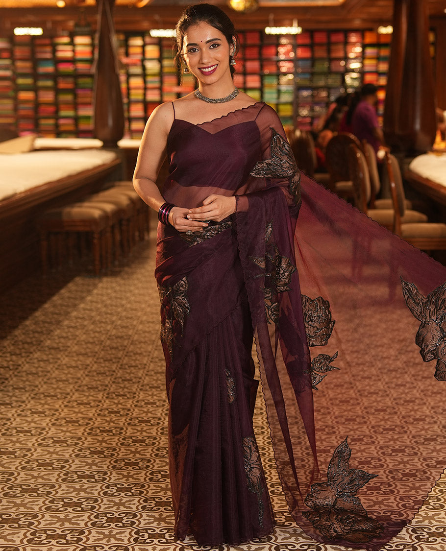 Purple Turkey Organza Saree Features Rose Floral Applique Embroidery, a Scallop Border, Matching Blouse