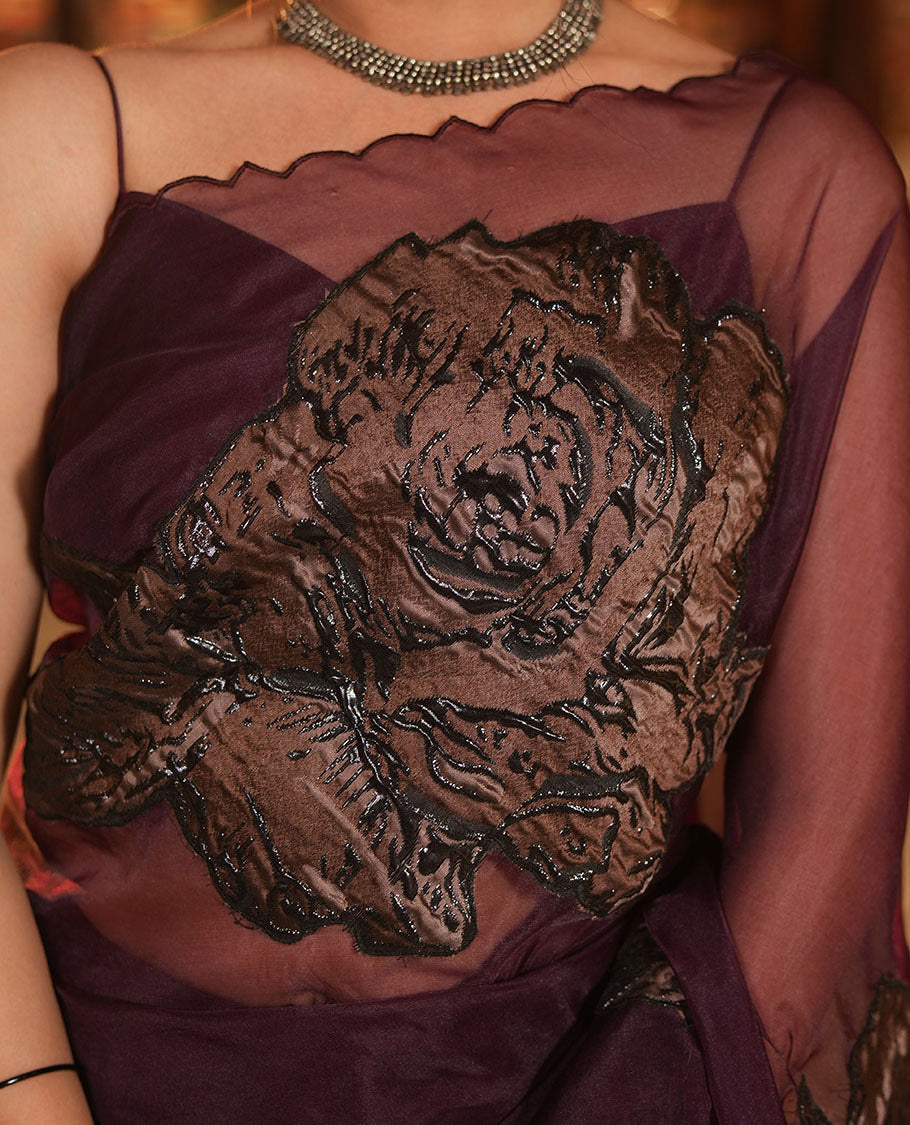 Purple Turkey Organza Saree Features Rose Floral Applique Embroidery, a Scallop Border, Matching Blouse