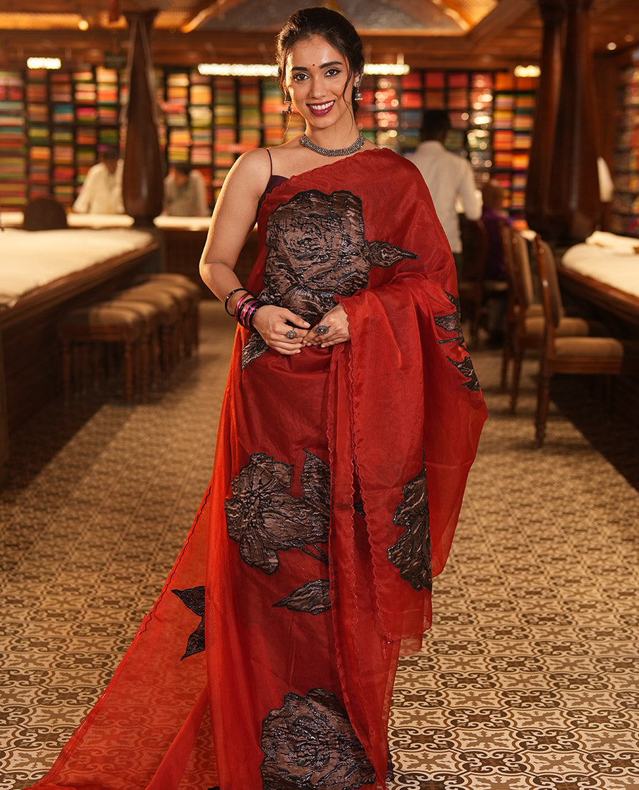 Red Turkey Organza Saree, Rose Floral Applique Embroidery, Scallop Border, Matching Blouse