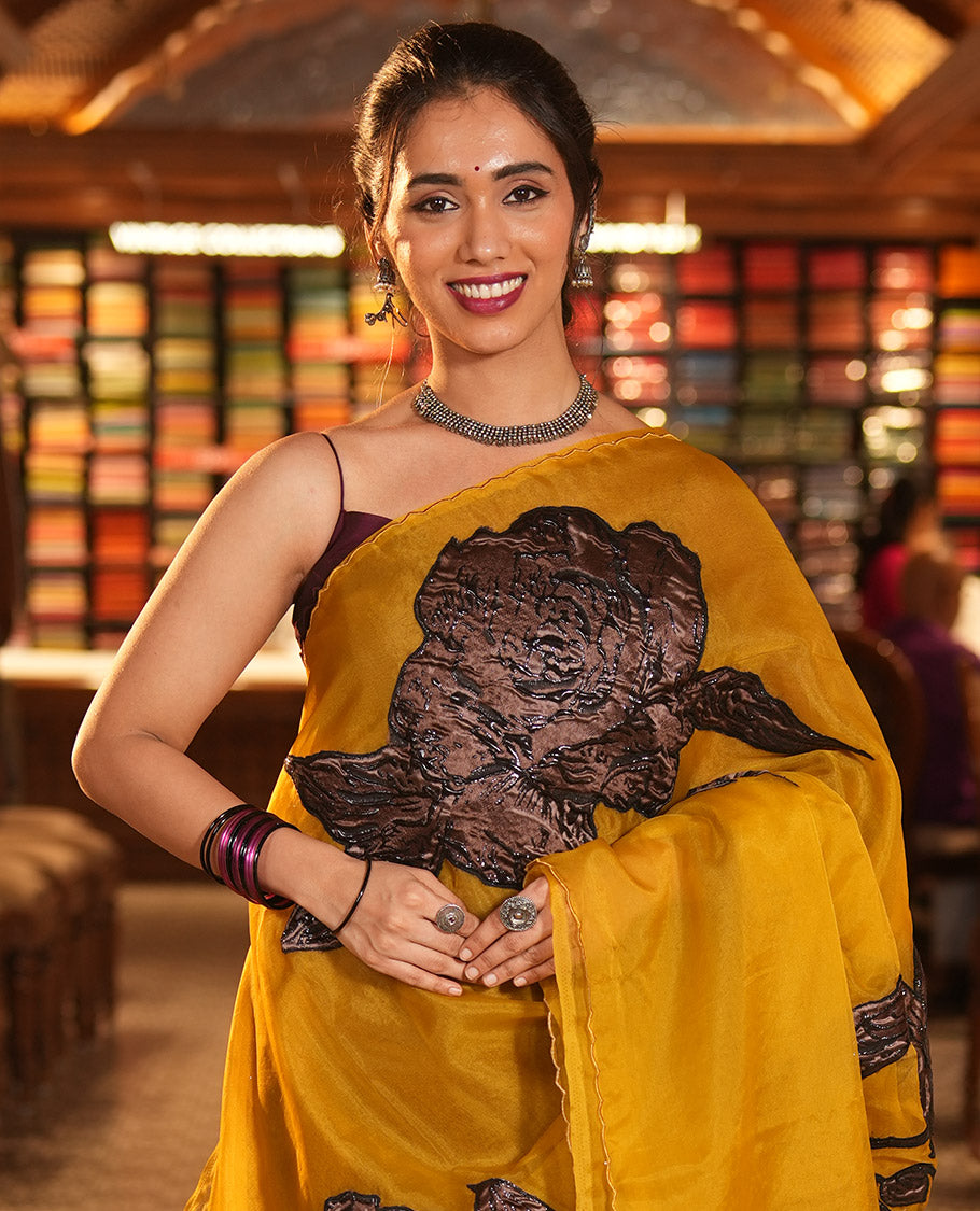 Mustard Turkey Organza Saree Features Rose Floral Applique Embroidery, a Scallop Border, Matching Blouse