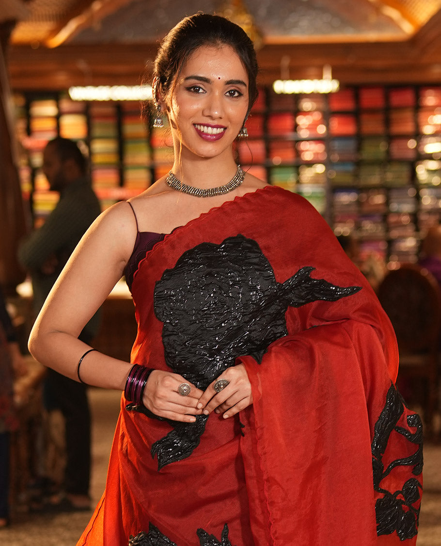 Red Turkey Organza Saree Depicting Floral Applique Embroidery, a Scallop Border, Matching Blouse