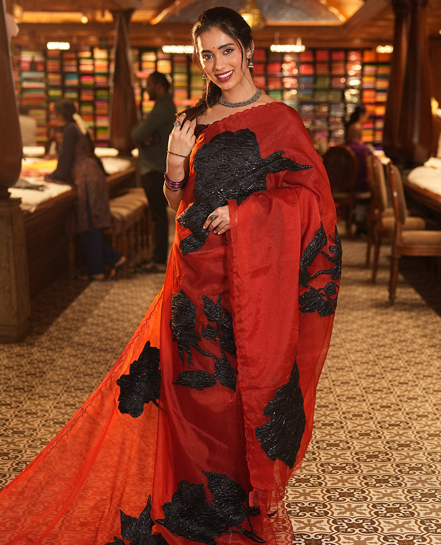 Red Turkey Organza Saree Depicting Floral Applique Embroidery, a Scallop Border, Matching Blouse