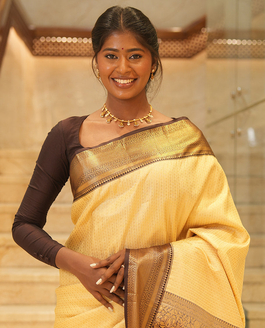 Off-White-Coffee Brown Budget Silk Saree Features Zari Designs, Contrast Border, Pallu, and Contrast Blouse
