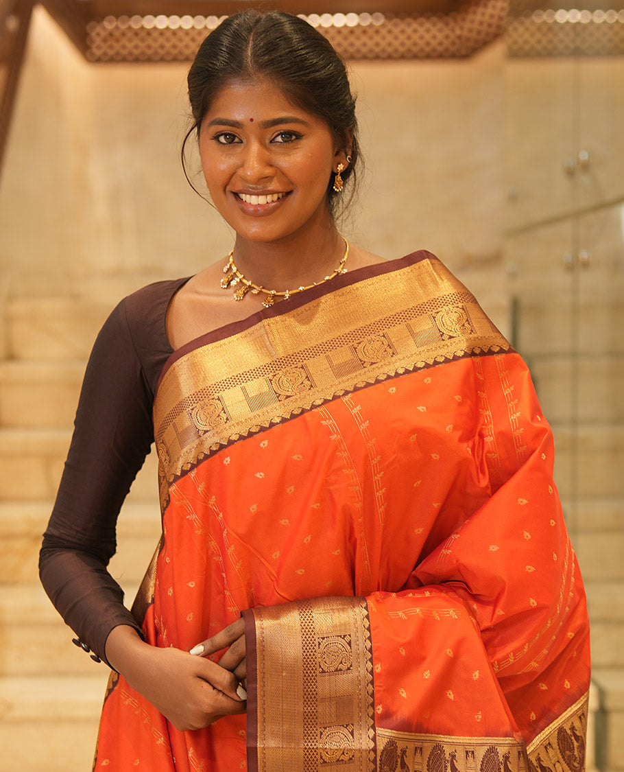 Rust-Brown Budget Silk Saree, Enriched with Zari Designs, Contrast Border, Pallu, and Contrast Blouse