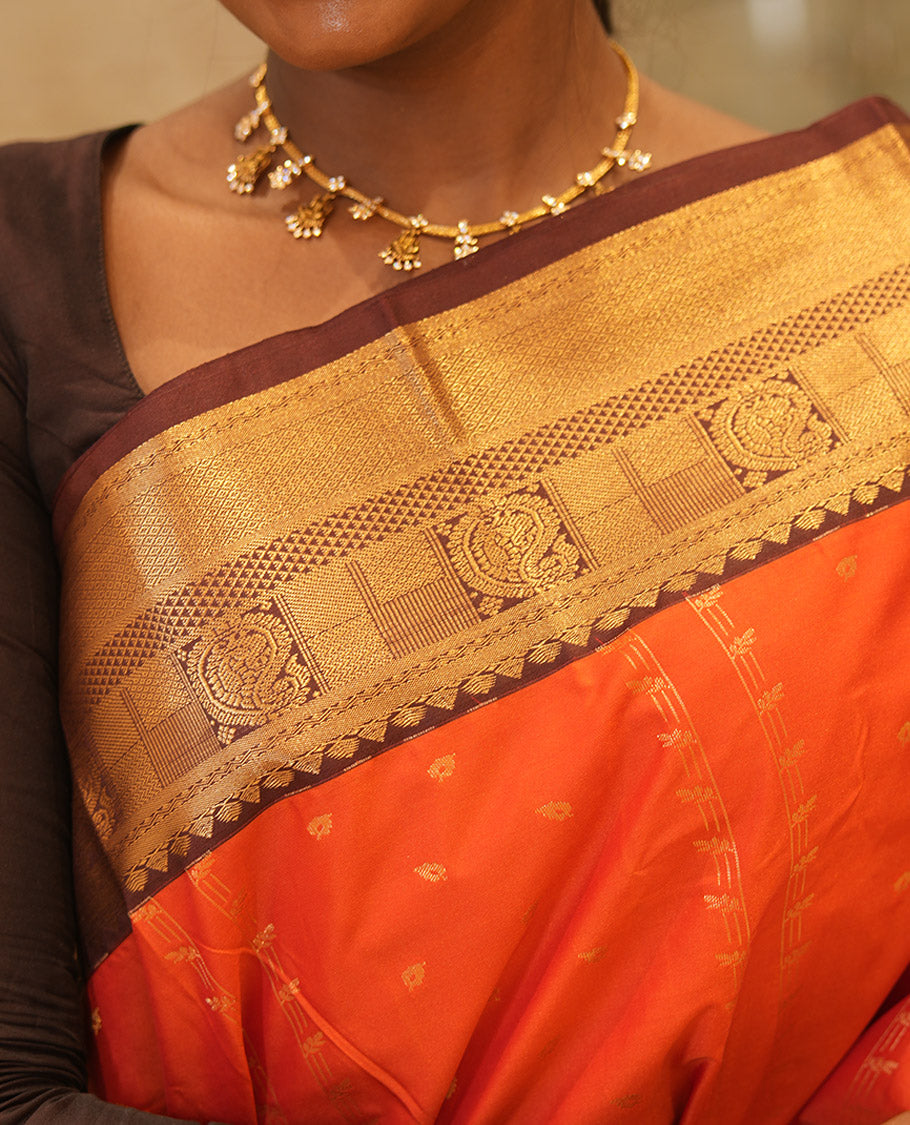 Rust-Brown Budget Silk Saree, Enriched with Zari Designs, Contrast Border, Pallu, and Contrast Blouse