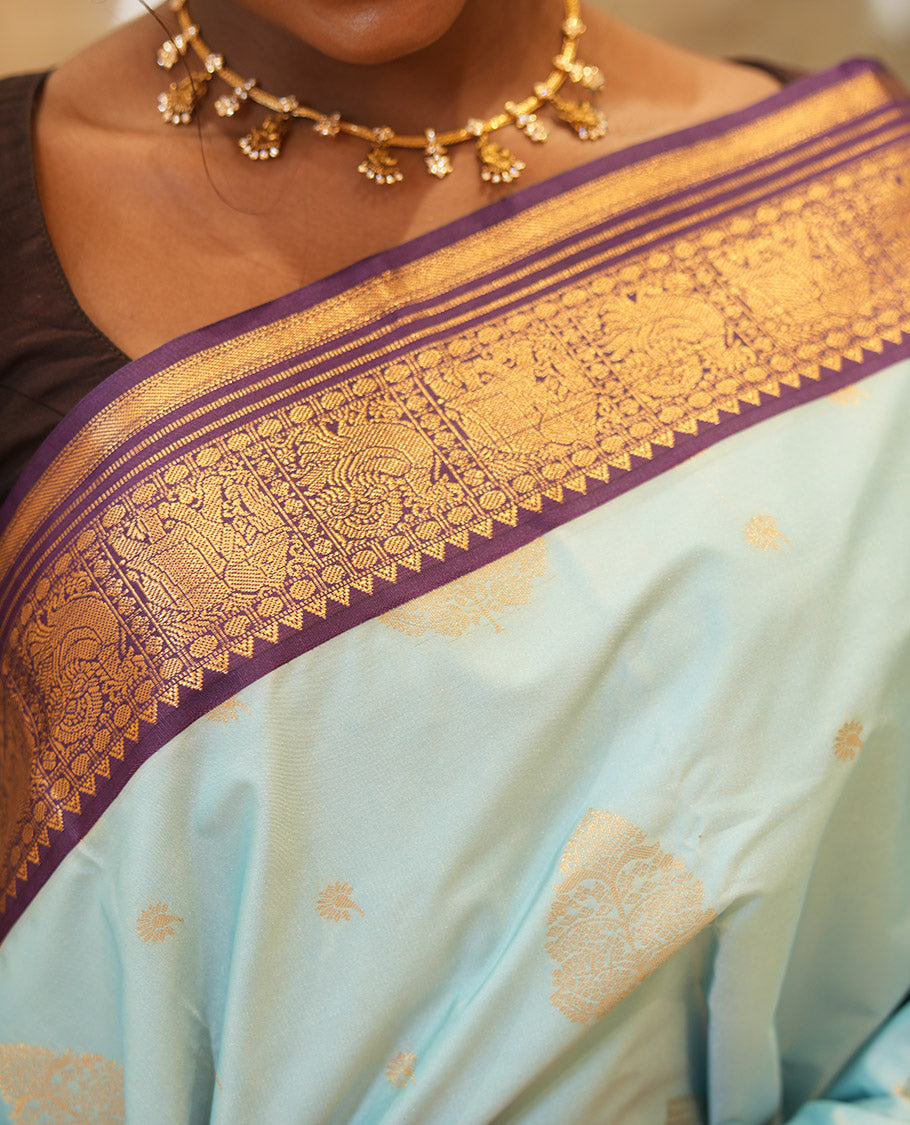 Sky Blue-Purple Budget Silk Saree Features Buttas, Contrast Elephant Border, Pallu, Contrast Blouse